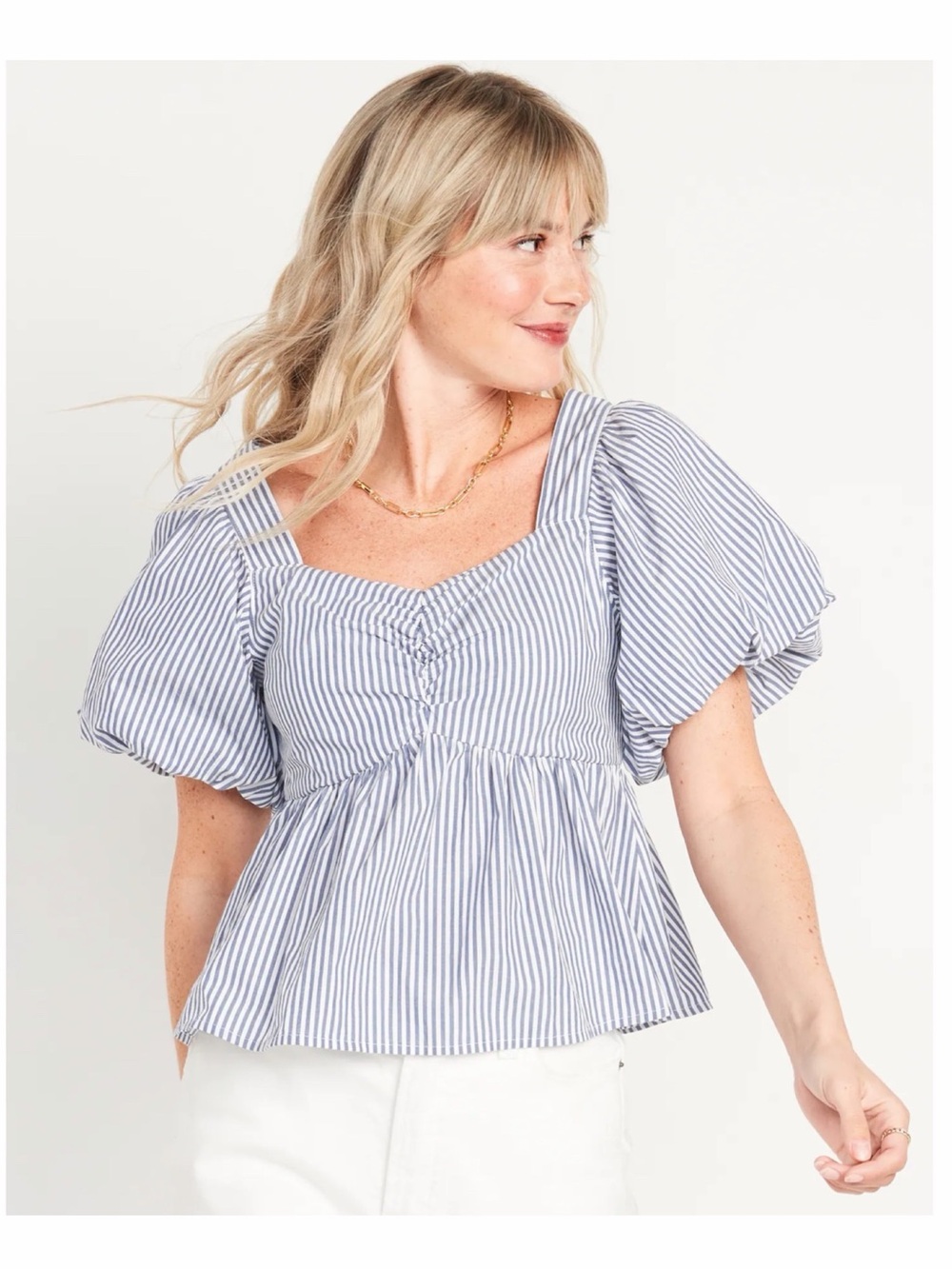 Old Navy Blue and White Smocked Puff Sleeve Blouse